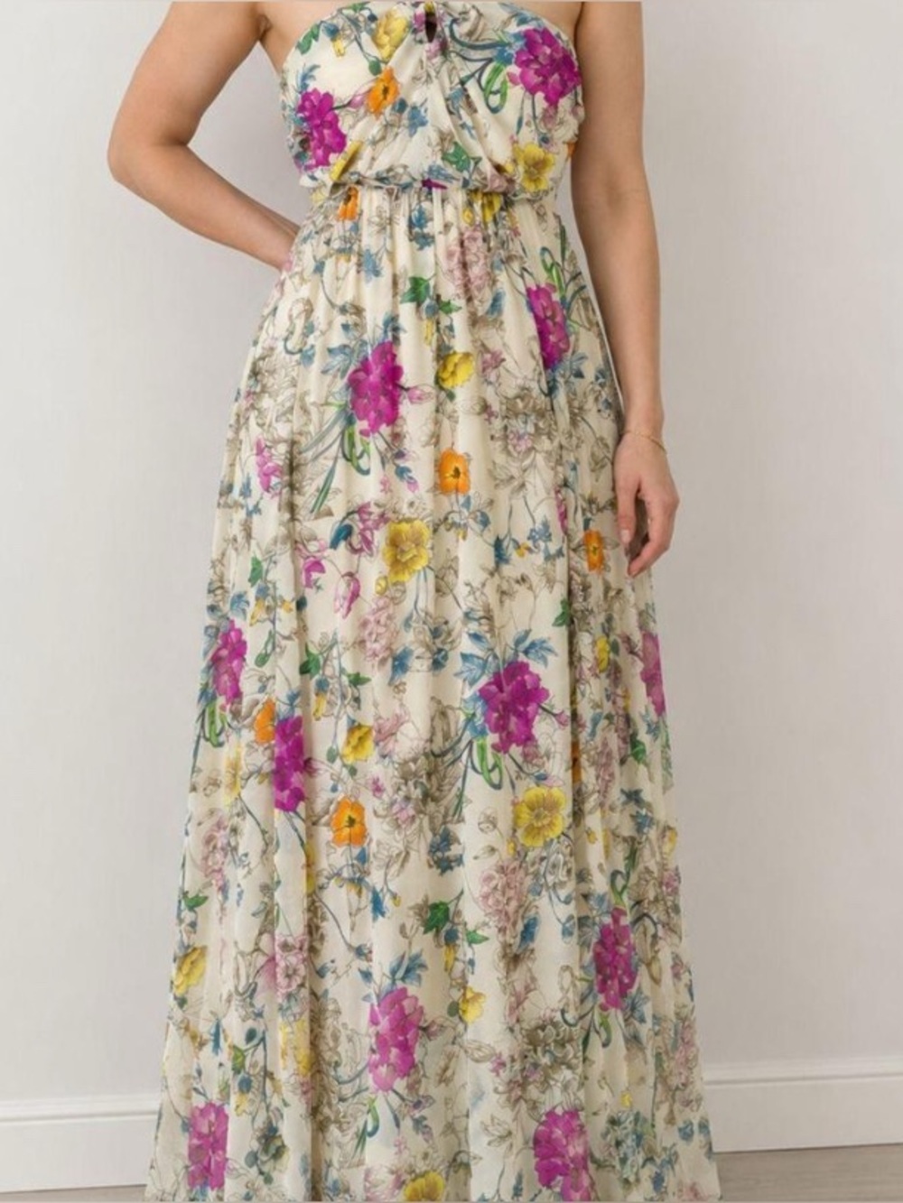 H&M Ivory Floral Strapless Maxi Dress with Pink & Yellow Blooms